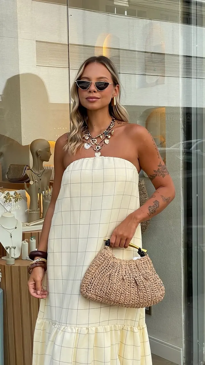 Modelo de vestido tomara que caia xadrez claro com bolsa de palha na frente da loja